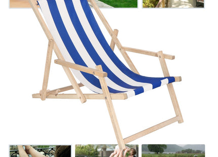 Ligbed | Strandstoel | Ligstoel | Verstelbaar | Arm Leuning | Beukenhout | Handgemaakt | Blauw Wit