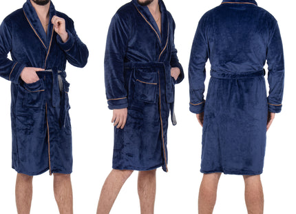 Badjas - Fleece - Marineblauw - Grijstint - Capuchon - Riem - Maat L/XL