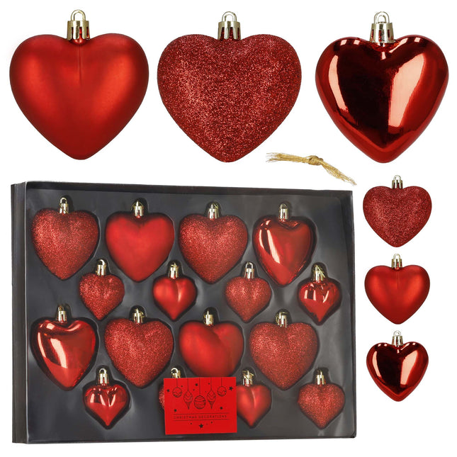 Kerstballen | 16 Stuks | 5/6/7 cm | Rood | Hartjes