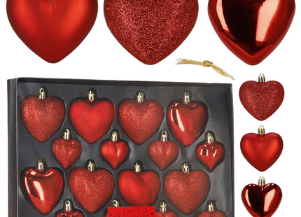 Kerstballen | 16 Stuks | 5/6/7 cm | Rood | Hartjes