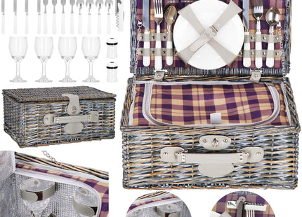 Picknickmand -  Servies - 4 Persoons - Thermisch - Riet - Grijs - 42 x 27 x 20 cm