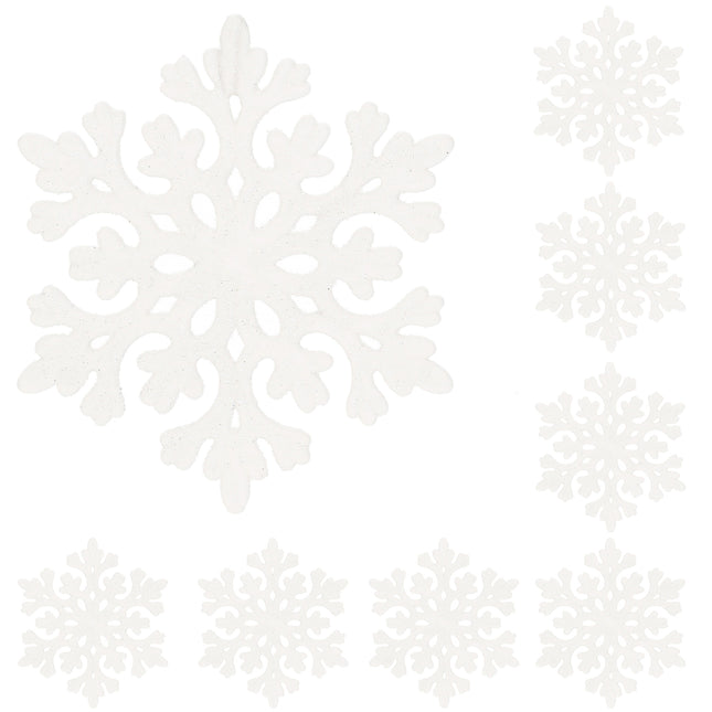 Kersthanger | Sneeuwvlok | Wit | Glitter | Kunststof | 8 cm | 8 Stuks