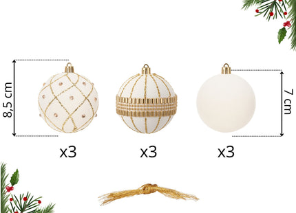 Kerstballen | 9 Stuks | 8 cm | Wit/Goud | Fluweel