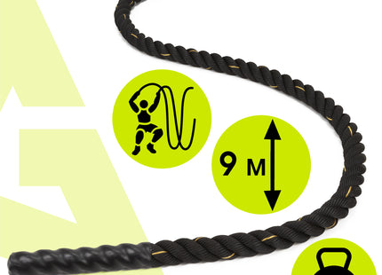 Battle Rope - 9 Meter - Inclusief Hoes - 6.2 KG - Zwart
