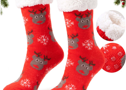Kerstsokken  – Rood – Maat 40-44 – Warme Gevoerde Sokken met Antislip – Rendieren en Sneeuwvlokken – Zachte Wintersokken