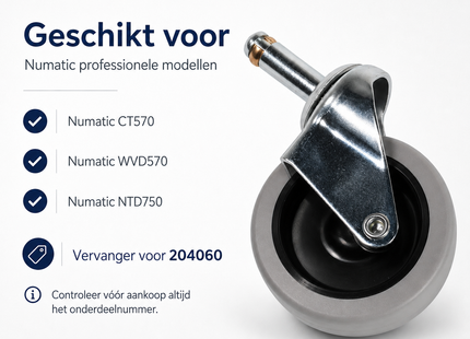 SQOON® Zwenkwiel 75 mm geschikt voor Numatic CT570, WVD570 & NTD750 – Vervanger voor 204060