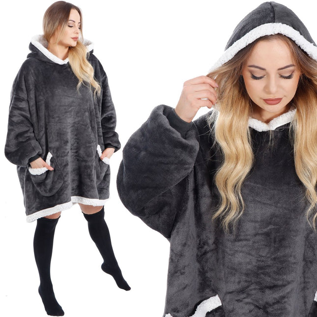 Hoodie Deken | Deken Met Mouwen | One Size | Grafiet/Wit