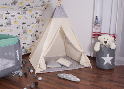 Tipi Tent | Wigwam Speeltent | 120x100x180 cm | Inclusief Mat | Inclusief Kussens | Naturel Grijs | Sterren