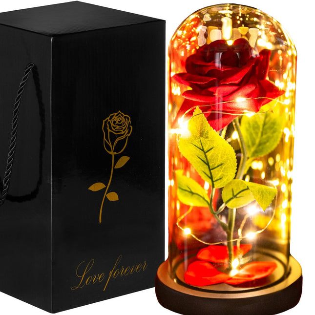 Roos | Valentijn | Rozen | LED | 22 cm | Rood/Groen/Zwart | Warm wit
