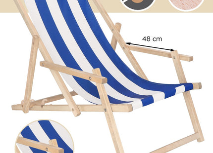 Ligbed | Strandstoel | Ligstoel | Verstelbaar | Arm Leuning | Beukenhout | Handgemaakt | Blauw Wit