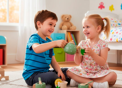 Springos ® Houten Theeservies - 13-delige Theeset met Theepot, Kopjes, Taartjes en Koekjes - Groen