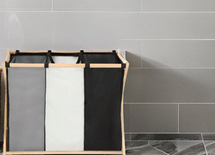 Wasmand - Opvouwbaar - Beukenhout - Polyester - 3 Vakken - 105 L - Zwart - Grijs - Ecru