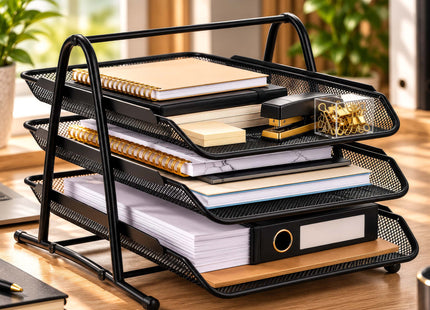 Springos® Bureau Organizer met 3 Uitschuifbare Laden – Metalen Documentenhouder A4 – Zwarte Brievenbak met 3 Niveaus – Bureau Opberger voor Kantoor en Thuis