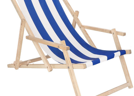Ligbed | Strandstoel | Ligstoel | Verstelbaar | Arm Leuning | Beukenhout | Handgemaakt | Blauw Wit