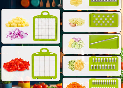 Groentesnijder 7-in-1 – Multifunctionele groenterasp – Met opvangbak en accessoires – Grafiet/Groen