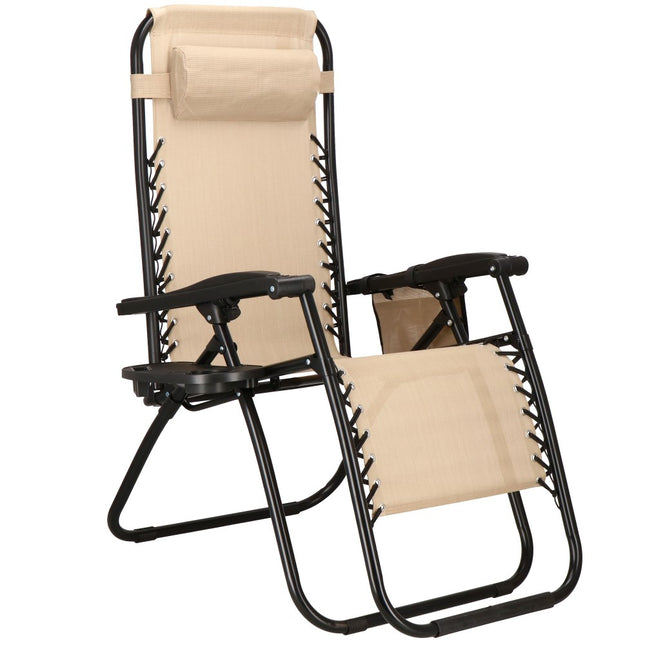 Tuinstoel | Ligstoel | Opvouwbaar | Verstelbaar | Ergonomische Hoofdsteun | Licht Beige/Zwart