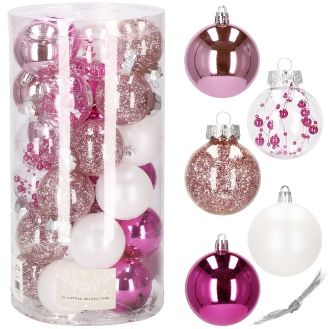 Kerstballen | 30 Stuks | 6 cm | Transparant/Roze/Wit