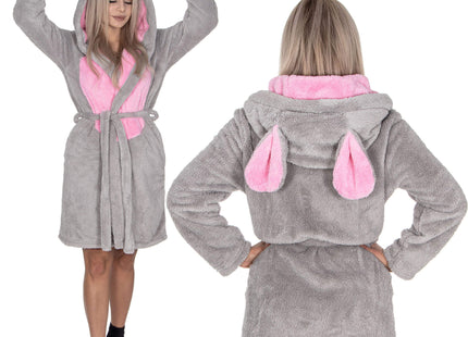 Badjas - Fleece - Konijn - Capuchon - Lichtgrijs - Riem - Maat M/L