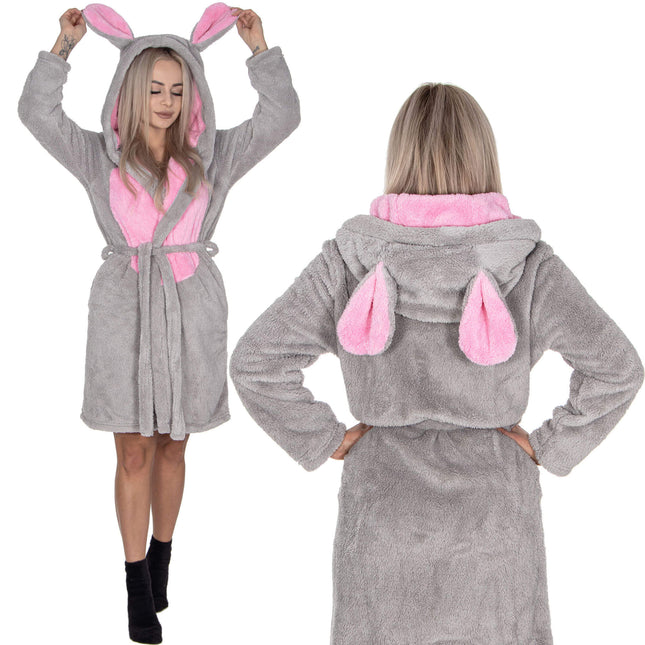 Badjas - Fleece - Konijn - Capuchon - Lichtgrijs - Riem - Maat M/L
