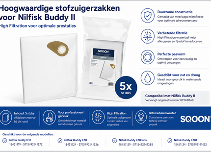 SQOON® Stofzuigerzakken  Geschikt voor Nilfisk Buddy II - Vervangt 81943048 - High Filtration - Voor Industrieel Gebruik