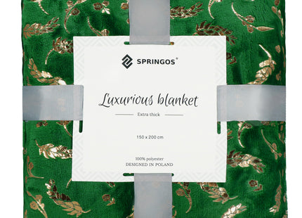 Plaid | Sprei | Deken | 200 x 150 cm | Pluche | Plant | Groen/ Goud