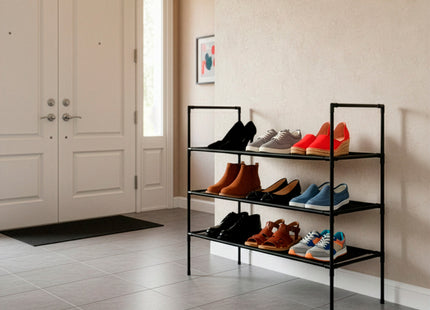 Schoenenrek | 9 - 12 Paar Schoenen | 3 Laags | Polyester/Metaal | Zwart | 28 X 72 X 72 CM