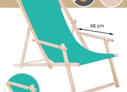 Ligbed | Strandstoel | Ligstoel | Verstelbaar | Arm Leuning | Beukenhout | Handgemaakt | Turquoise