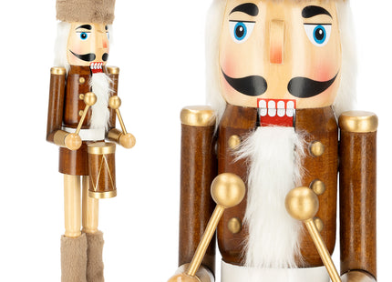 Notenkraker 38 cm – Houten Kerstsoldaat met Trommel – Bruin en Goud – Traditionele Kerstdecoratie met Beweegbare Mond