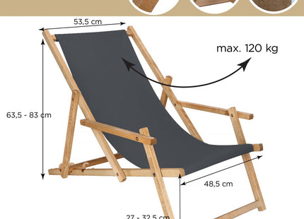 Ligbed | Strandstoel | Ligstoel | Verstelbaar | Arm Leuning | Beukenhout | Geïmpregneerd | Handgemaakt | Grafiet