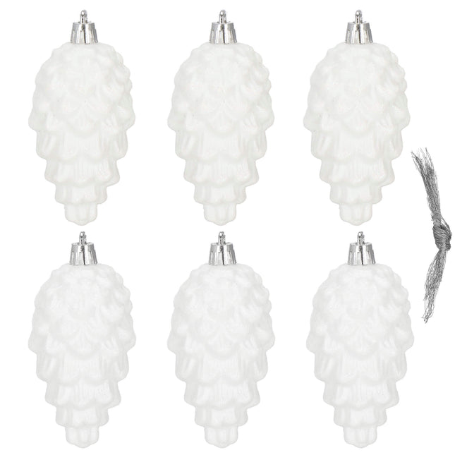 Kerstboomhanger Dennenappels | 6 Stuks | 9.5 cm | Wit