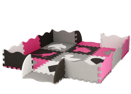 Speelmat | Speelmat Foam | Puzzelmat | Figuren | 9 Puzzelstukken | 120 x 120 cm | Roze/Grijs/Zwart/Wit