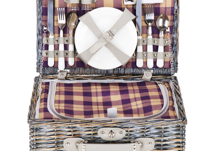 Picknickmand -  Servies - 4 Persoons - Thermisch - Riet - Grijs - 42 x 27 x 20 cm