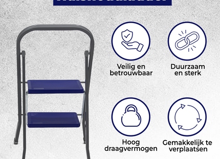 Huishoudtrap 2 treden - Keukentrap Inklapbaar - TÜV/GS - Blauw - Antislip - Max. hoogte 47 cm