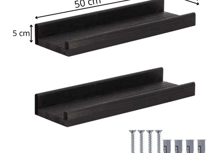 Wandplank - Boekenplank - Ophangbaar - Kruidenplank- Zwart - Grenenhout - 10 Kg - 50 cm - 2 Stuks