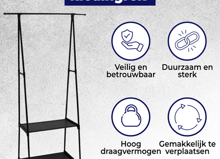 Kledingrek | Op Wielen | Schoenenrek | Verstelbaar | 55-84 X 43 X 156 cm | Zwart