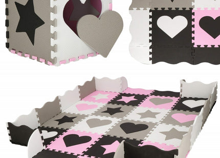 Speelmat | Speelmat Foam | Puzzelmat | Figuren | 16 Puzzelstukken | 150 x 150 cm | Roze/Grijs/Zwart/Wit