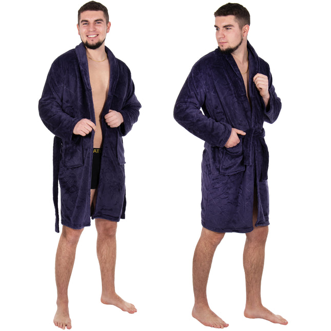 Badjas - Fleece - Marineblauw - Capuchon - Riem - Maat L/XL