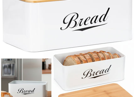Broodtrommel Voor Op Het Aanrecht - Broodmand - Metaal - Bamboe Deksel - Wit - 30 X 23 X 13 CM