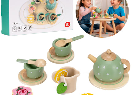 Springos ® Houten Theeservies - 13-delige Theeset met Theepot, Kopjes, Taartjes en Koekjes - Groen