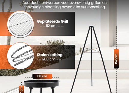 Muntel® BBQ Tripod - Driepoot - 6 in 1 - Inclusief Pot - Inclusief Rooster - Inclusief Vis Rookplankjes - Inclusief Vuurschaal - 6 X Spies - 1 X Suikerhoedhouder -  65 x 180 cm