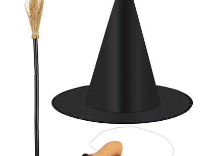 Heks Kostuum - Verkleedkleding - Halloween - Voor Volwassenen &amp; Kinderen - Hoed, Neus &amp; Bezem