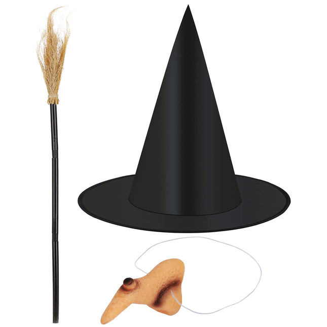 Heks Kostuum - Verkleedkleding - Halloween - Voor Volwassenen &amp; Kinderen - Hoed, Neus &amp; Bezem