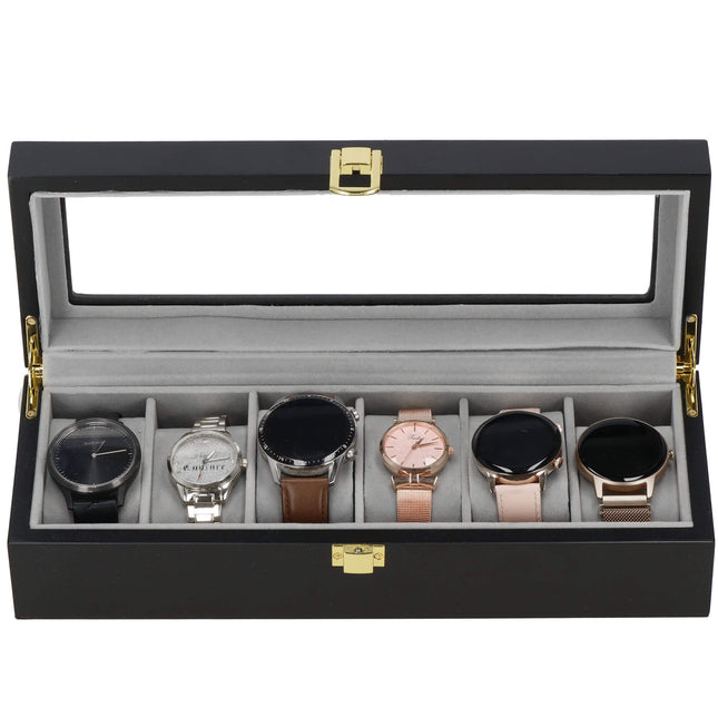 Horlogedoos - Horlogebox - Horlogeopberger - Suède - Zwart - Grijs - Goud  - 6 Horloges