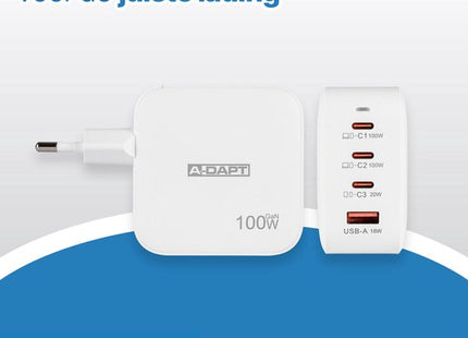 Thuislader 4 POORT - geschikt voor Apple iPhone - Samsung - Xiaomi - Oppo - 100 W 3x USB-C PD + USB QC 3.0 - 3x USB-C | 1x USB-A