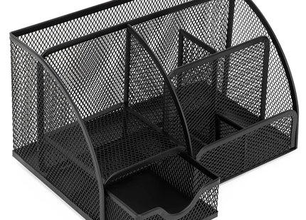 Springos® Bureau Organizer Zwart – Metalen Pennenhouder met 6 Vakken en Uitschuifbare Lade – Bureau Opberger voor Kantoorartikelen – 22 x 14 x 13 cm