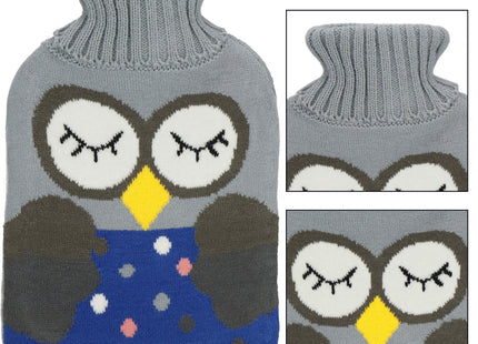 Warmwaterkruik- Sweater -Hoes - Uil- 2L - Inhoud - Pijnverlichting- Ontspanning -Grijs