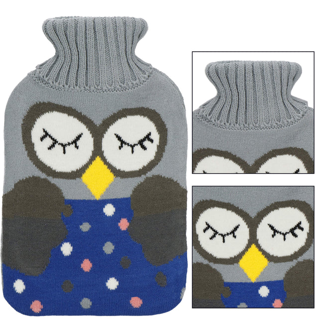 Warmwaterkruik- Sweater -Hoes - Uil- 2L - Inhoud - Pijnverlichting- Ontspanning -Grijs