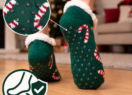 Kerstslippers – Donkergroen – Maat 37-41 – Warme Gevoerde Pantoffels met Antislip – Kerstmotief met Zuurstokken
