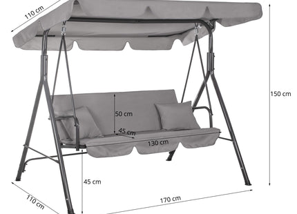 Schommelbank | Luna-Schommel | 3-zits | Waterafstotend | Inclusief 2 Kussens | Verstelbare Luifel | 170 x 110 x 150 cm | Grijs