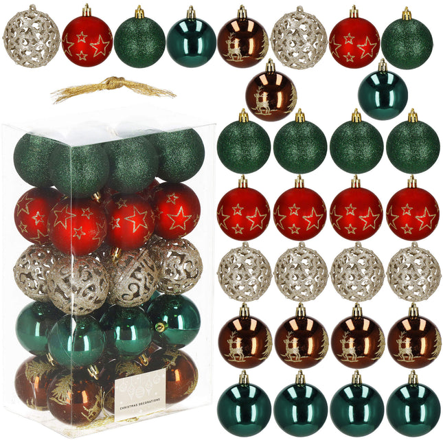 Kerstballen | 30 Stuks | 6 cm | Bruin/Groen/Rood/Goud